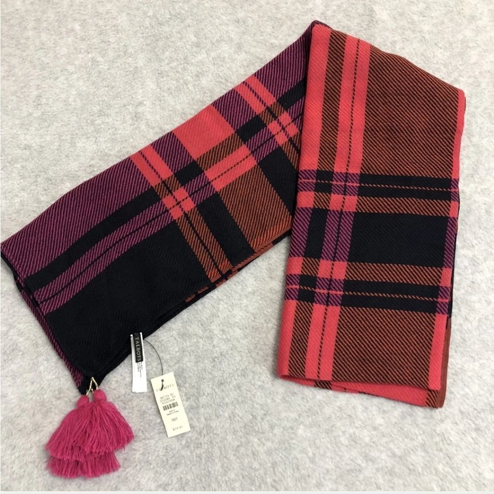 TALBOTS Wool Red Blue and Pink Women's Scarf 29" X 74" Tassels NWOT
